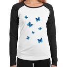 Baby Look Raglan Borboletas Azuis Manga Longa - Foca na Moda