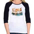 Baby Look Raglan Gatinho Relaxando na Bóia Manga 3/4 - Foca na Moda