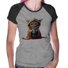 Baby Look Raglan Gato Jedi - Foca na Moda Baby Look Raglan Gato Jedi - Foca na Moda