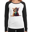 Baby Look Raglan Gato Jedi Manga Longa - Foca na Moda Baby Look Raglan Gato Jedi Manga Longa - Foca na Moda