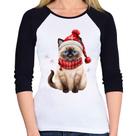 Baby Look Raglan Gato Natalino Gorro e Cachecol Manga 3/4 - Foca na Moda Baby Look Raglan Gato Natalino Gorro e Cachecol Manga 3/4 - Foca na Moda