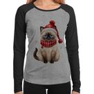 Baby Look Raglan Gato Natalino Gorro e Cachecol Manga Longa - Foca na Moda Baby Look Raglan Gato Natalino Gorro e Cachecol Manga Longa - Foca na Moda