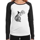 Baby Look Raglan Trompa Notas Musicais Manga Longa - Foca na Moda Baby Look Raglan Trompa Notas Musicais Manga Longa - Foca na Moda