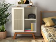 Balcao Alto Aparador Buffet Com Porta De Correr Rattan Pés Em Madeira Off White