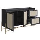 Balcão Buffet 2 Portas Oslo Artesano 139 cm (largura) MDP Nero Palha Sintética Bege Pé Metal Dourado
