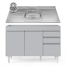 Balcão de Cozinha com Pia Inox 120cm 3 Portas Michigan Cinza Claro - Lumil Balcão de Cozinha com Pia Inox 120cm 3 Portas Michigan Cinza Claro - Lumil