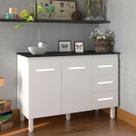 Balcão Gabinete Para Pia 118 cm Cozinha Bruna Branco com Tampo Tampão 120 cm Preto