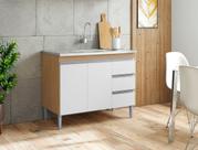 Balcão P/ Pia Gabinete Andréia 100cm Amêndoa/Branco 2 Portas 3 Gavetas