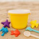 Baldinho De Praia Infantil Completo Amarelo Com Moldes Forminhas Pá Rastelo Kit Brinquedo Areia Menino Menina Presente Verão