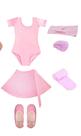 Ballet kit 6 peças (colant manga curta + saia + meia-calça + sapatilha + faixa + rede)