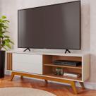 Bancada Yukon c/ Portas e Compartimentos Sala de estar p/ TVs Off White Matte / Freijo