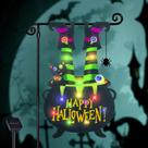 Bandeira de jardim iluminada de Halloween para exterior, bandeira LED solar de jardim de 8 modos, bandeira em forma de pés de bruxa, caldeirão de dupla face, globo ocular de caldeirão de dupla face, decorações de gato preto para varanda doméstica