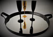 Bandeja Redonda Espelhada Decorativa 50 x 3mm Preto com Alça Preta