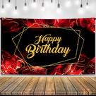 Banner de aniversário KatChon grande em tecido preto/vermelho de 183 x 112 cm