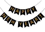 Banner de festa FECEDY Feliz Ano Novo preto com alfabeto dourado Banner de festa FECEDY Feliz Ano Novo preto com alfabeto dourado