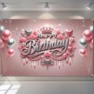 Banner de fundo de festa HOMETITUTE Feliz Aniversário Rosa/Prata