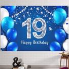 Banner de pano de fundo de aniversário HAMIGAR 19th Happy 6 x 4 pés azul prateado