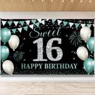 Banner de pano de fundo de aniversário PHXEY Sweet 16 Teal Silver 185x110cm