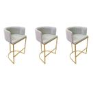 Banqueta Alta Decorativa Luxo Zoe Tecido Bouclé Base De Metal Dourado Fosco Kit 3 unidades