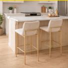 Banqueta Alta Lisa Estofada em Linho Pé Aço Dourado Fosco Kit 2 Unidades Banqueta Alta Lisa Estofada em Linho Pé Aço Dourado Fosco Kit 2 Unidades