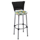 Banqueta Alta Prata com Encosto Junco Preto Assento Floral Branco