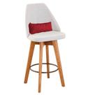 Banqueta Com Encosto Linho Bege E Almofada Vermelho