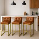 Banqueta Cozinha Alta com Encosto Industrial Kit 3 Dourado Lirina PU C05 - D Rossi