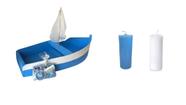 Barco Iemanjá 30 Cm de Madeira + Velas Azul e Branca + kit