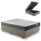 Base Box Baú 138x188 Linho Bege com Colchão Adapto Molas Ensacadas Ecoflex