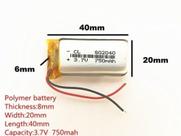 Bateria 3.7v 750 Mah 8mm X20mm X40mm 2 Fios 802040