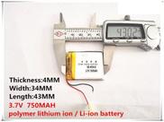 Bateria 403443 com 750mah 4mmx34mmx43mm 2 fios 3,7v