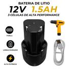 Bateria De Lítio 12V 1.5Ah 3 Celulas Universal Para Parafusadeira Furadeira Com Entrada USB TypeC E Cabo USB De Carregamento
