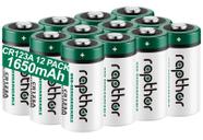 Baterias de lítio rapthor CR123A 3V 1650mAh de alta capacidade, pacote com 12