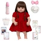 Bebe Reborn Menina Olho Castanho Vestido Vermelho Acessórios