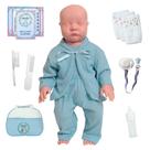 Bebê Reborn Vinil Silicone com Roupinha Azul e Mamadeira