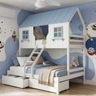 Beliche Casal Casinha Encantada 2 Gavetas Madeira Maciça Branco e Azul Housin Beliche Casal Casinha Encantada 2 Gavetas Madeira Maciça Branco e Azul Housin