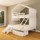 Beliche Casal/ Solteiro Casinha com Cortina Gavetas e Kit Escada/Escorregador Madeira Maciça Branco Megamobilia