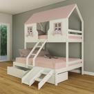 Beliche Casal/ Solteiro Casinha Encantada com 02 Gavetas Kit Escada/ Escorregador Madeira Maciça Branco/ Rosa Housin