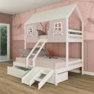 Beliche Casal/ Solteiro Casinha Encantada com 02 Gavetas Kit Escada/ Escorregador Madeira Maciça Rosa/ Branco Megamobilia