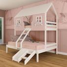 Beliche Casal/ Solteiro Casinha Encantada com Kit Escada/ Escorregador Madeira Maciça Rosa/ Branco Megamobilia