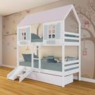 Beliche Casinha Bela com 2 Gavetas Kit Escada/Escorregador - Madeira Maciça Branco/Rosa/Verde Megamobilia