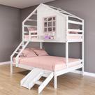 Beliche Casinha com Janela Casal/Solteiro com Escada/Escorregador Madeira Maciça Branco/ Rosa Housin