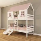 Beliche Casinha Encantada com Kit Escada/ Escorregador Madeira Maciça Branco/ Rosa Housin Beliche Casinha Encantada com Kit Escada/ Escorregador Madeira Maciça Branco/ Rosa Housin