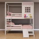 Beliche Casinha Reta com Grade Removível e Escorregador Madeira Maciça Branco/ Rosa Housin