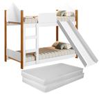 Beliche Infantil Casinha em Madeira e Branco Design Montessoriano, Com Escorregador Seguro e Divertido para o Quarto das Crianças Com 2 Colchões