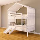 Beliche Solteiro Casinha com Cortina Kit Escada/Escorregador Grade Proteção Madeira Maciça Branco Megamobilia