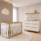 Berço 3 em 1 Loop Mini berço e Mini Cama Cômoda Cozy Grande 6 Gavetas Branco com Carvalho Malva Berço 3 em 1 Loop Mini berço e Mini Cama Cômoda Cozy Grande 6 Gavetas Branco com Carvalho Malva