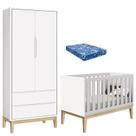 Berço Americano com Colchão e Guarda Roupa Classic 2 Portas Branco Pés Madeira Natural Reller