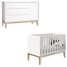 Berço Americano E Cômoda Infantil 1 Porta Classic Branco Com Pés Madeira Natural Reller