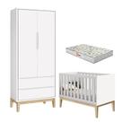 Berço Americano e Guarda Roupa 2 Portas New Classic Branco com Pés Madeira Natural e Colchão Gazin Reller